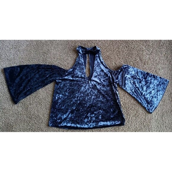 American Eagle Top Sz Small Blue Crushed Velvet Choker Neck Whimsigoth Goth Y2K - Picture 2 of 7